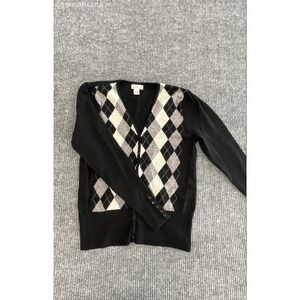 Tweeds Women's Black Argyle Cardigan Sweater 100% Merino Wool Vintage 90s Sz M